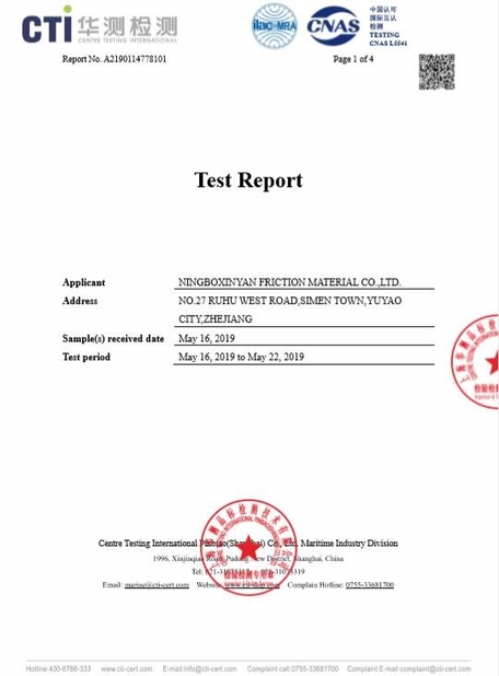 China Ningbo Xinyan Friction Materials Co., Ltd. certificaciones